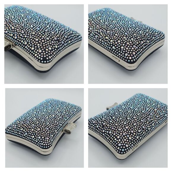 Black Clutch Bag Crystal Aurora Borealis Sparkle Silvertone Strap #551 - Picture 9 of 16